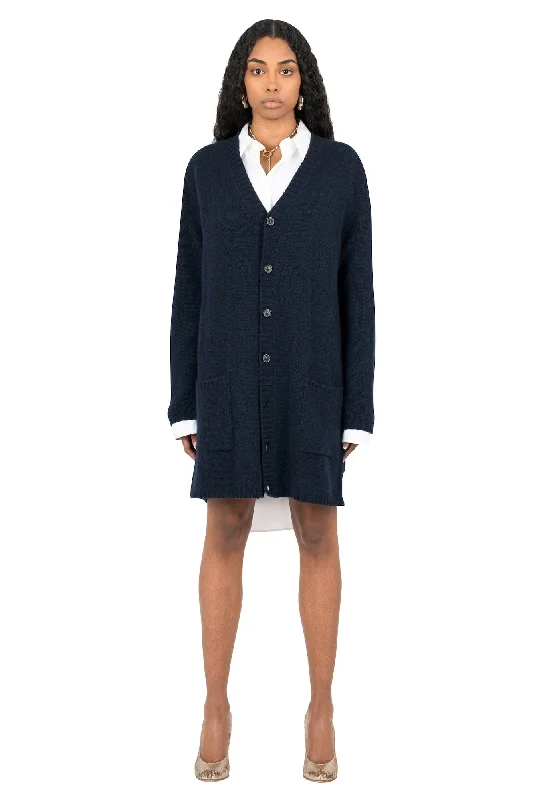 Maison Margiela Cardigan Dress in Navy Satin Fabric Silk Fabric Chiffon Fabric