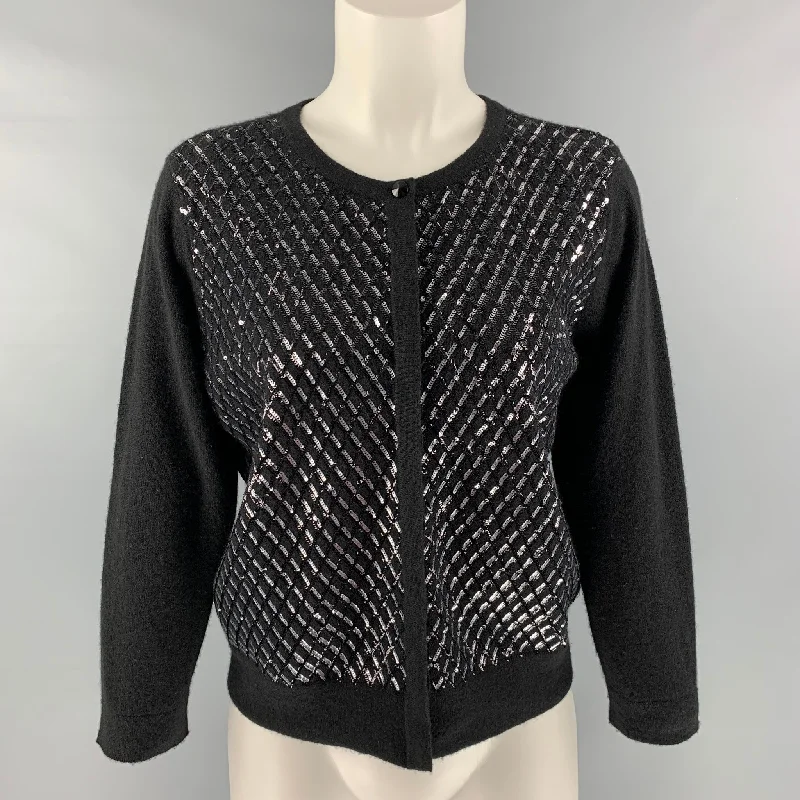MAGASCHONI Size L Black Cashmere Knitted Hidden Buttons Cardigan Elegant Classic Vintage MAGASCHONI Size L Black Cashmere Knitted Hidden Buttons Cardigan Elegant Classic Vintage