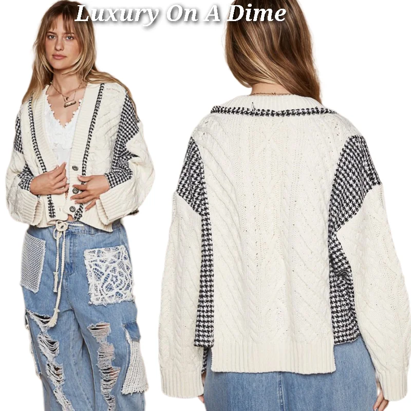 POL Cable Knit Jacket Patchwork Retro Button-up Houndstooth Oversized Cardigan Elegant Classic Vintage POL Cable Knit Jacket Patchwork Retro Button-up Houndstooth Oversized Cardigan Elegant Classic Vintage