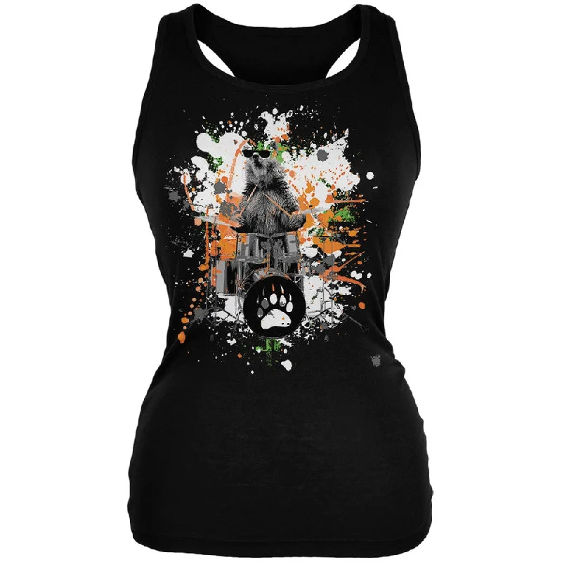 Bear Drummer Splatter Black Juniors Soft Tank Top stretchy tank top