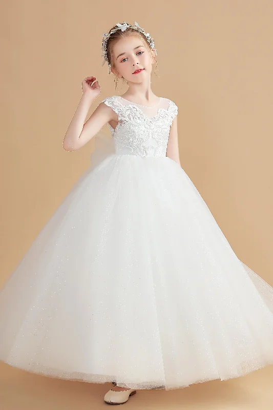 Cap Sleeves Tulle Ivory Flower Girl Dresses With Bow-Knot