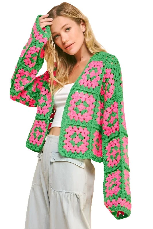 DAVI & DANI Crochet Granny Square Knit Floral Contrasting Open Sweater Cardigan Knit Fabric Woven Fabric Fleece Fabric DAVI & DANI Crochet Granny Square Knit Floral Contrasting Open Sweater Cardigan Knit Fabric Woven Fabric Fleece Fabric