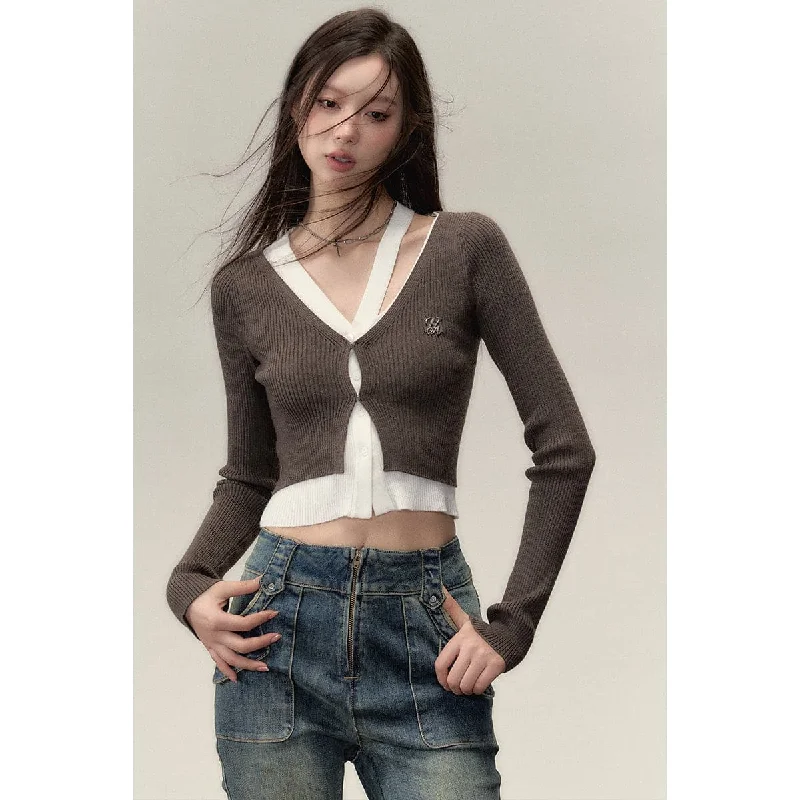 Hollow Out Knit Short Cardigan - Brown Lightweight Heavyweight Midweight