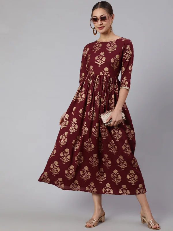 Women Burgundy Printed Flared Dress With Three quarter Sleeves - Rasiya