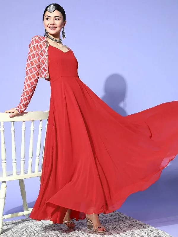 Red Solid Gown with Embroidered Jacket Jersey Jacket Tulle Jacket Batik Jacket
