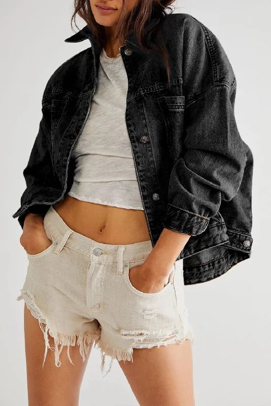 Black Washed Oversize Pocketed Denim Jacket Mesh Jacket Canvas Jacket Denim Jacket