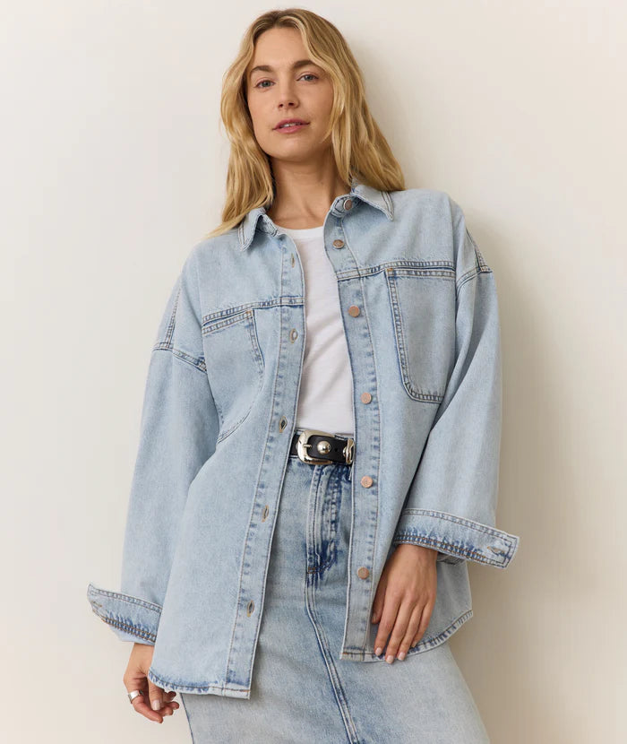 Molly Oversized Denim Shirt Jacket - Medium Wash Appliqued Jacket Beaded Jacket Sequined Jacket