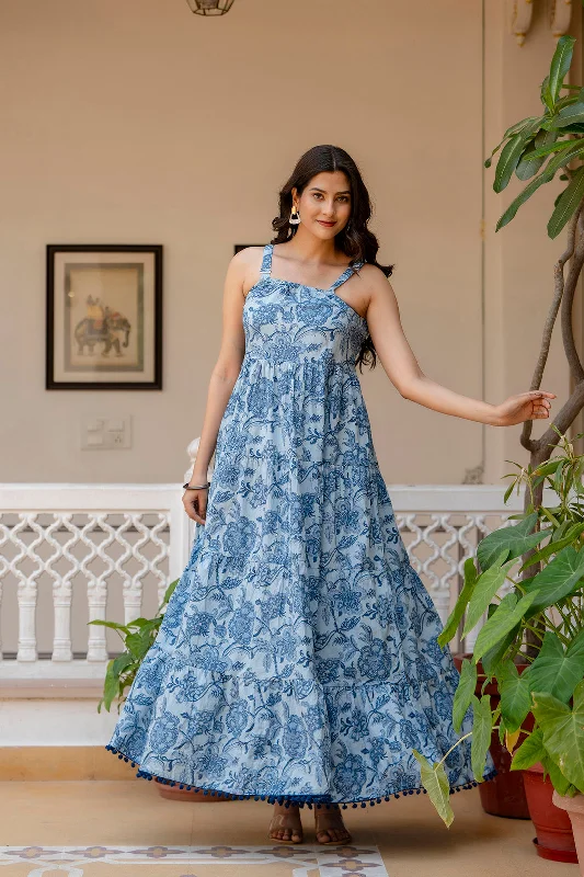 Women Blue Ethnic Printed Flared Dress - Rasiya