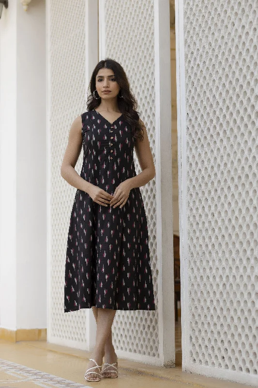 Women Black Ikat Printed Sleeveless A-Line Dress - Rasiya