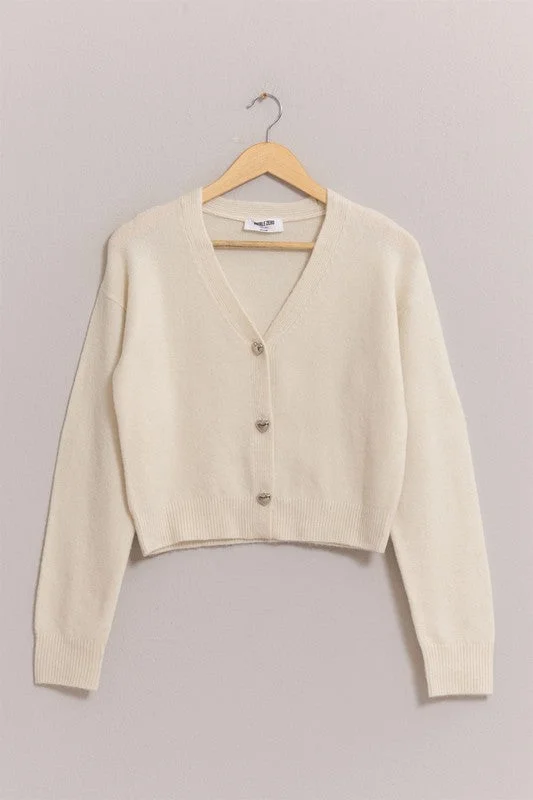 Heart Button Cardigan Chenille Blend Fleece Blend Nylon Blend