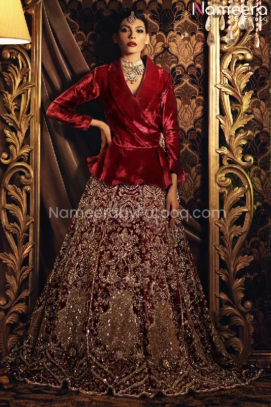 Elegant Red Velvet Bridal Lehenga with Jacket #BS154 Rayon Fabric Velvet Fabric Corduroy Fabric