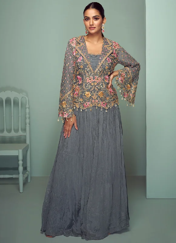 Hazy Grey Multi Embroidered Jacket Style Lehenga Suit Denim Jacket Leather Jacket Suede Jacket