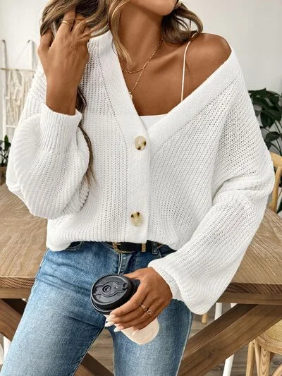 V-Neck Button Up Long Sleeve Cardigan Terry Terry Cloth Terry Knit