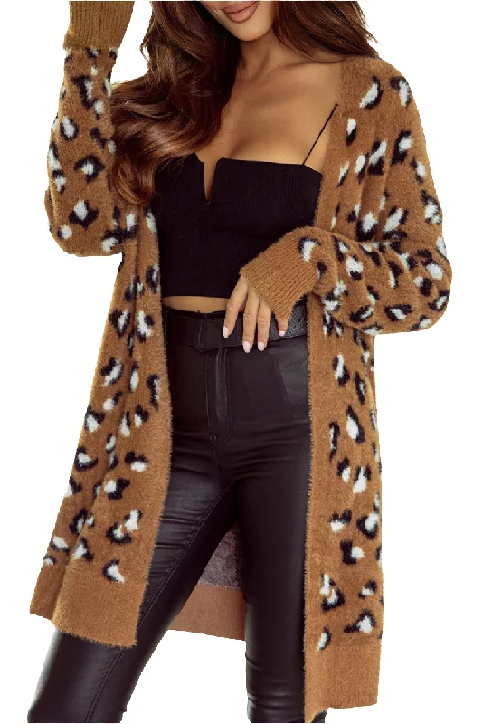 Fuzzy Leopard Knit Cardigan Long Sleeve Mobwife Retro Longline Open Front Sweater Elasticated Padded Insulated Fuzzy Leopard Knit Cardigan Long Sleeve Mobwife Retro Longline Open Front Sweater Elasticated Padded Insulated