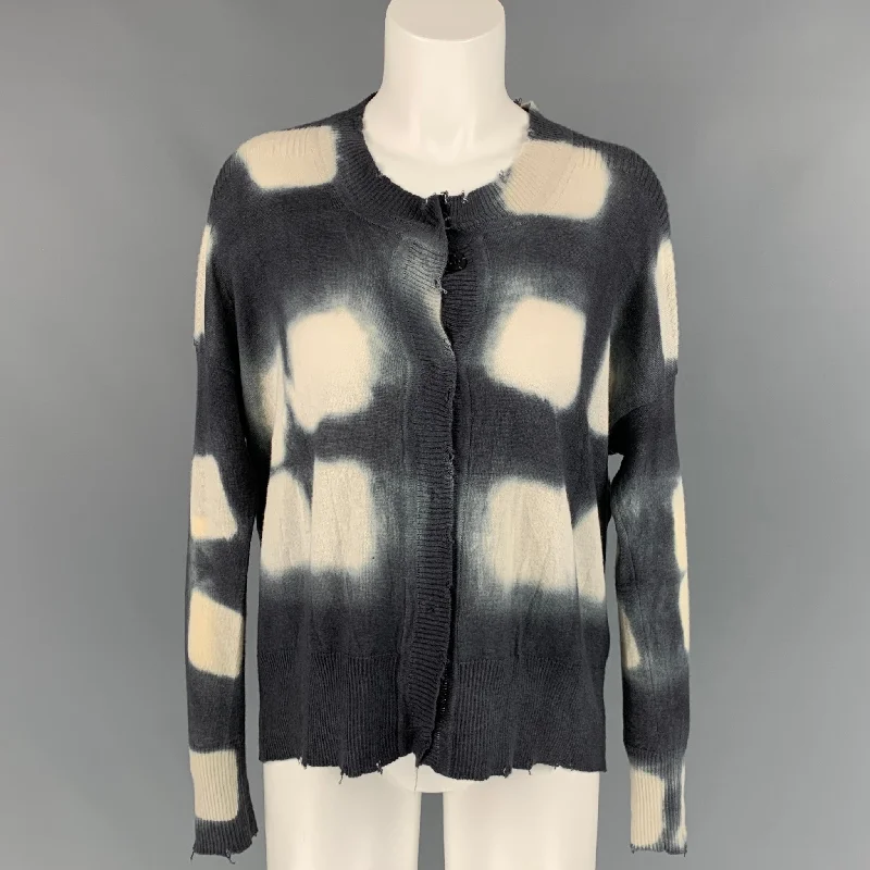 PRIVE' 45 Size S Grey & Cream Tie Dye Knitted Cashmere Cardigan Striped Floral Plaid