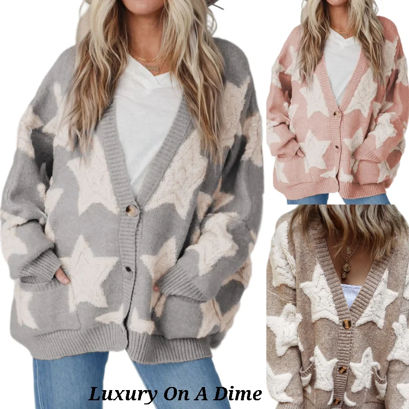 Teddy Sherpa Fuzzy Terry Star Knit Cardigan Long Sleeve Oversized Retro Varsity Button Sweater Tailored Straight A-Line Teddy Sherpa Fuzzy Terry Star Knit Cardigan Long Sleeve Oversized Retro Varsity Button Sweater Tailored Straight A-Line