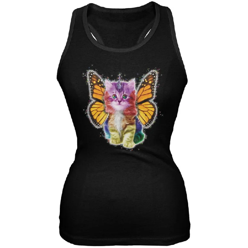 Rainbow Butterfly Unicorn Kitten Black Juniors Soft Tank Top ribbed tank top