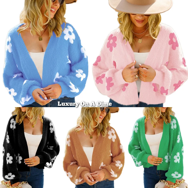 Fuzzy Soft Knit Daisy Flower Print Open Front Color Contrasting Cardigan Sweater Patchwork Embroidered Appliqued Fuzzy Soft Knit Daisy Flower Print Open Front Color Contrasting Cardigan Sweater Patchwork Embroidered Appliqued