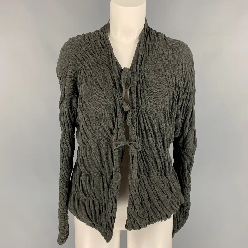 SARA LANZI Size XS Olive Cotton Ruched Cardigan Print Jacquard Patchwork