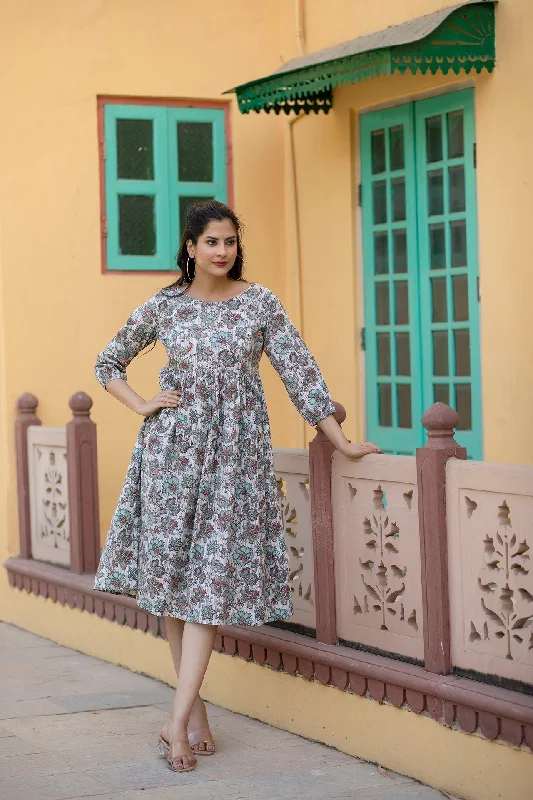 Women Off-White Ethnic Printed Flared Dress With Three quarter Sleeves - Rasiya