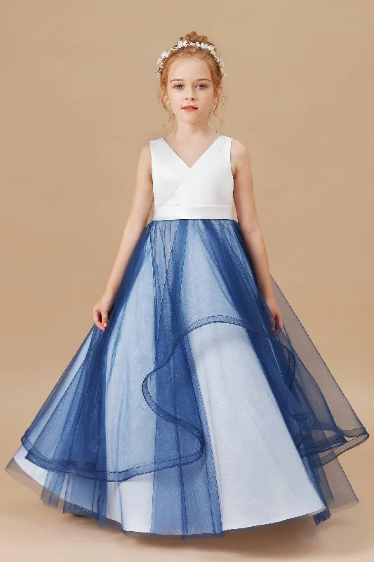 V-neck Tulle Trumpet Sweetheart SLeeveless Stain Flower Girl Dresses