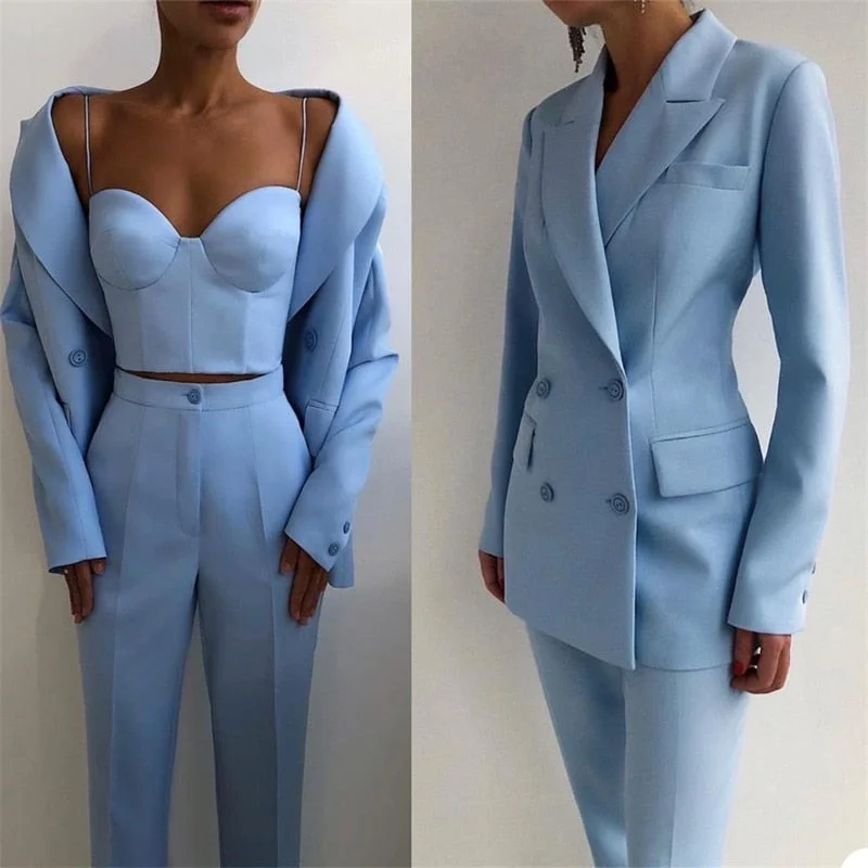 Getadme 3 Pieces Women Suits Pants Set Blazer+Corset Top+Trousers Double Breasted Jacket Formal Casual Wedding Tuxedos Prom Dress Tailor Notch Collar Peter Pan Collar Cowl Neck