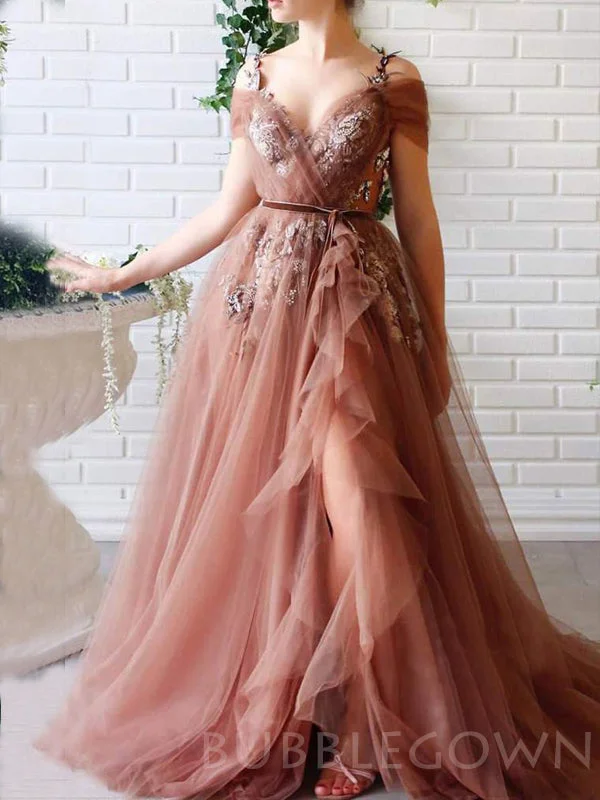 A-line V-neck Spaghetti Straps Tulle Appliques Long Evening Prom Dresses, Cheap Custom Prom Dress, MR7657 A-line V-neck Spaghetti Straps Tulle Appliques Long Evening Prom Dresses, Cheap Custom Prom Dress, MR7657