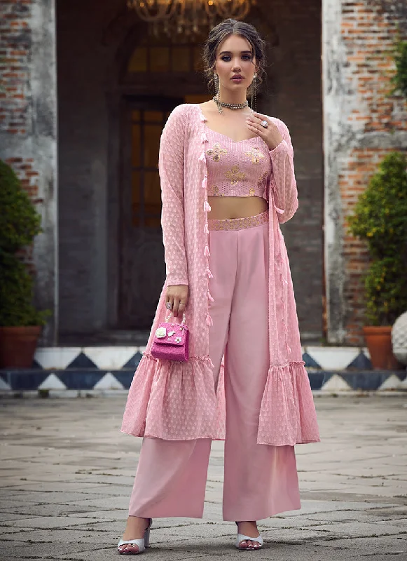 Pink Sequence Embroidered Jacket Style Co-Ord Set Oversized Jacket Tailored Jacket Straight Jacket