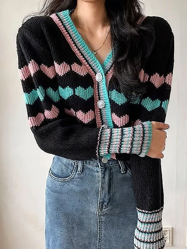 Heart Pattern Crop Cardigan Sweater Oversized Loose Flowy