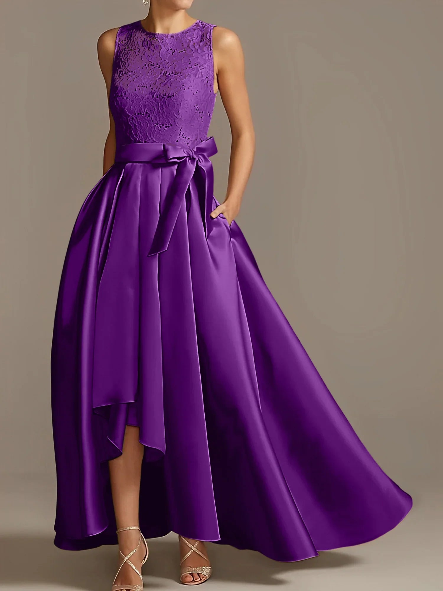 A-line/Princess collar sleeveless pleated lace mother of the bride dress