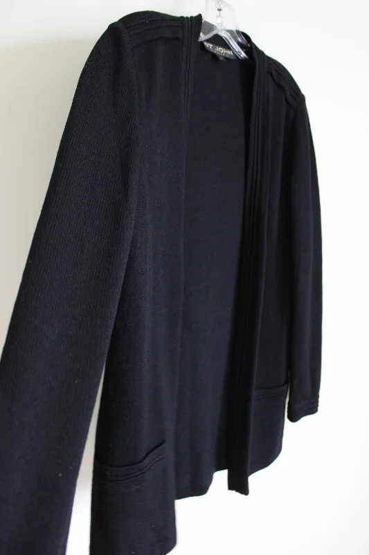 St. John Basics Black Thick Knit Long Black Cardigan | S Collared Crew Neck Turtle Neck St. John Basics Black Thick Knit Long Black Cardigan | S Collared Crew Neck Turtle Neck