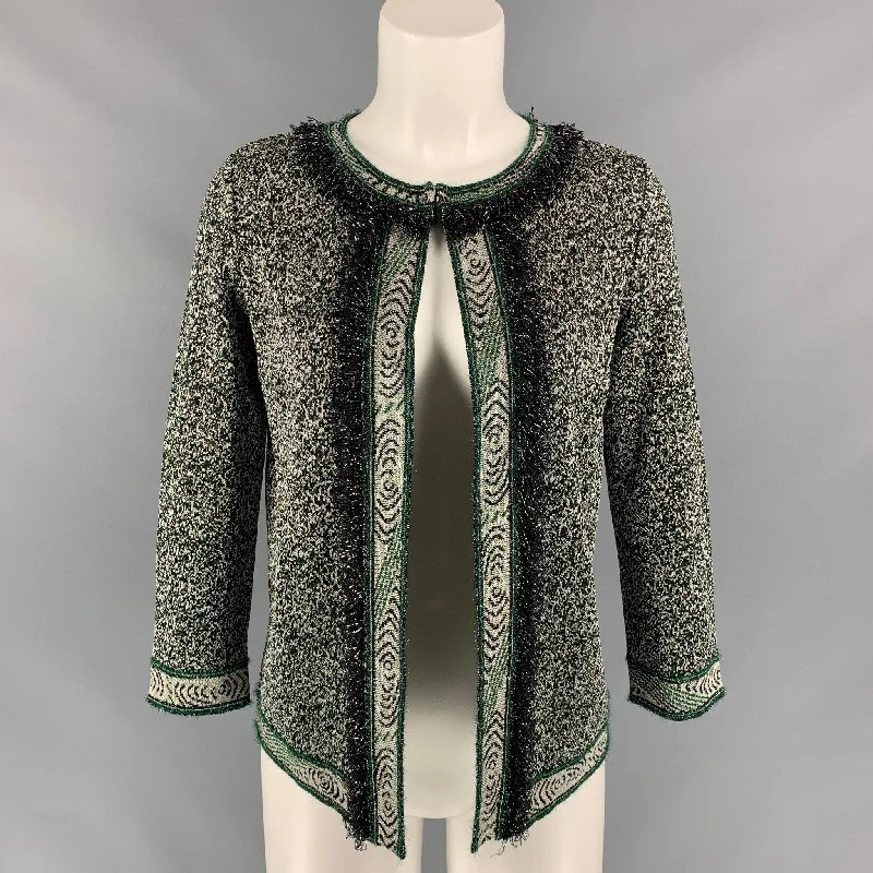 M MISSONI Size 2 Green & Silver Knitted Acetate Blend Cardigan Knit Fabric Woven Fabric Fleece Fabric M MISSONI Size 2 Green & Silver Knitted Acetate Blend Cardigan Knit Fabric Woven Fabric Fleece Fabric