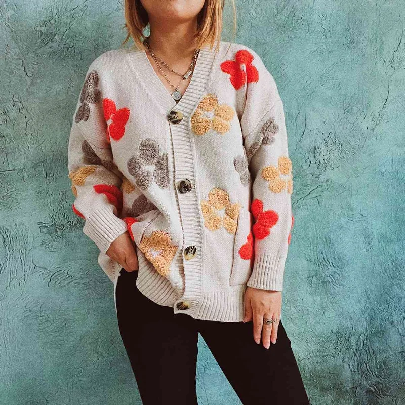 Floral V-Neck Button Up Cardigan with Pockets Patchwork Embroidered Appliqued