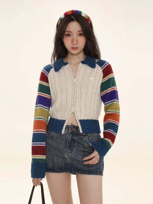 Colorful Striped Raglan Cardigan Satin Blend Silk Blend Wool Blend