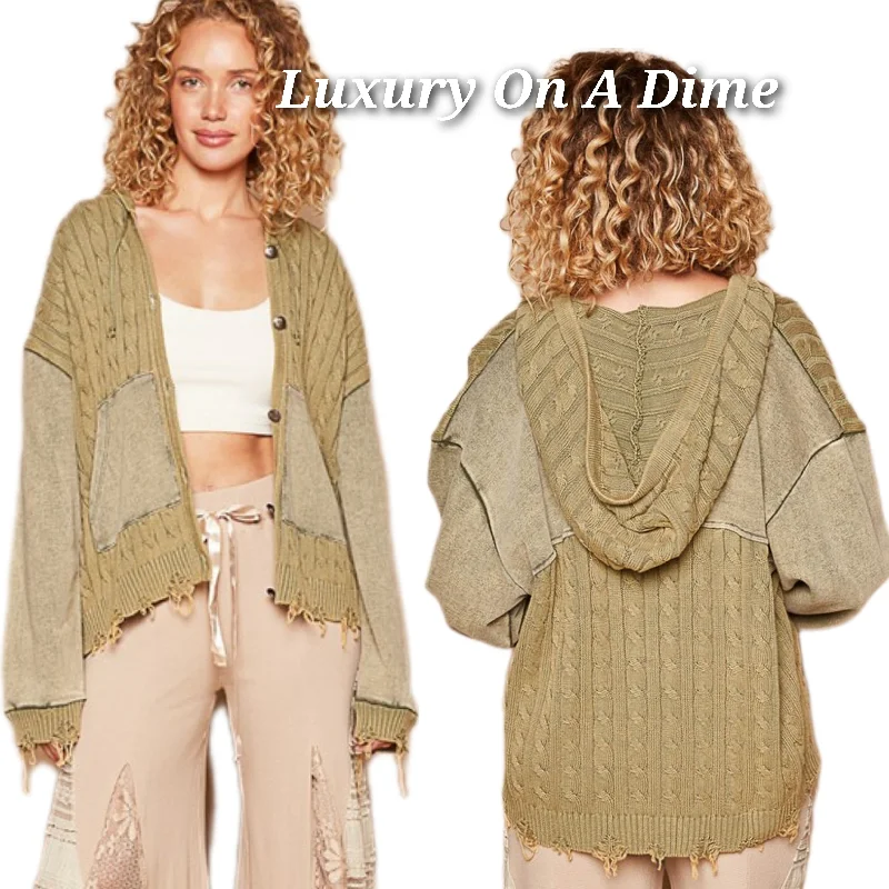 POL Hoodie Cardigan Distressed Torn Cable Knit Long Sleeve Collar Button-Up Jacket Front Pockets Side Pockets Patch Pockets POL Hoodie Cardigan Distressed Torn Cable Knit Long Sleeve Collar Button-Up Jacket Front Pockets Side Pockets Patch Pockets
