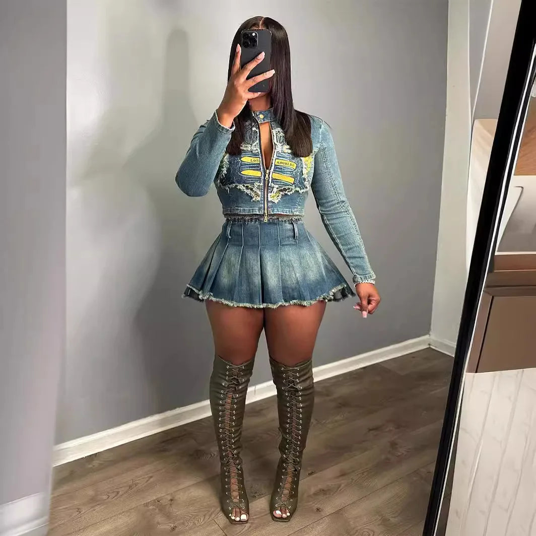 Cropped Jacket 2 Piece Mini Skirt Sets 2024 Fall Clothes Women Sexy Elegant Luxury Two Piece Sets Outfits Jean Pleat Dress Appliqued Jacket Beaded Jacket Sequined Jacket