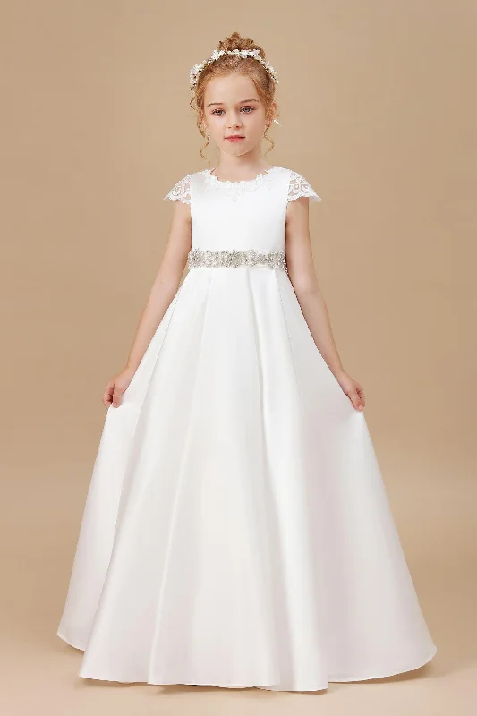 Ivory A-line Bowknot Satin Floor Length Flower Girl Dresses With Rhinestones