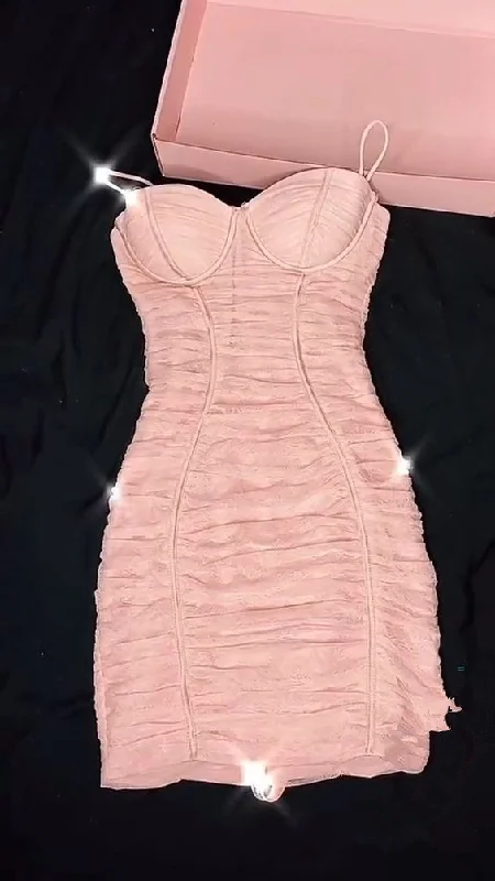 Feminine Sexy Style Pink Pleated Spaghetti Strap Body Dress Mini Homecoming Dress Y380