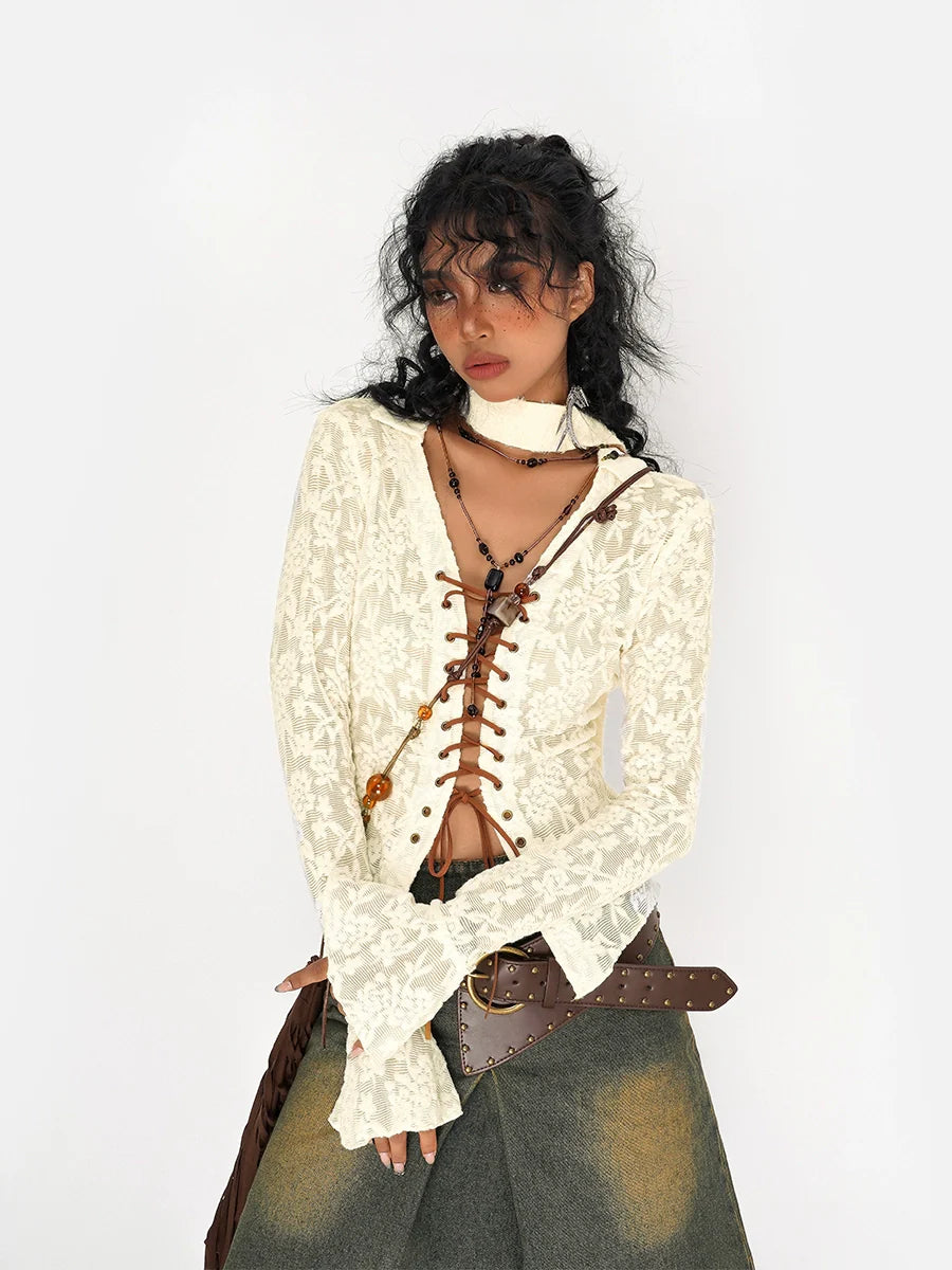 Nico Molly Lace-Up Textured Cardigan - Ivory and Black (Women's) Collared Crew Neck Turtle Neck Nico Molly Lace-Up Textured Cardigan - Ivory and Black (Women's) Collared Crew Neck Turtle Neck