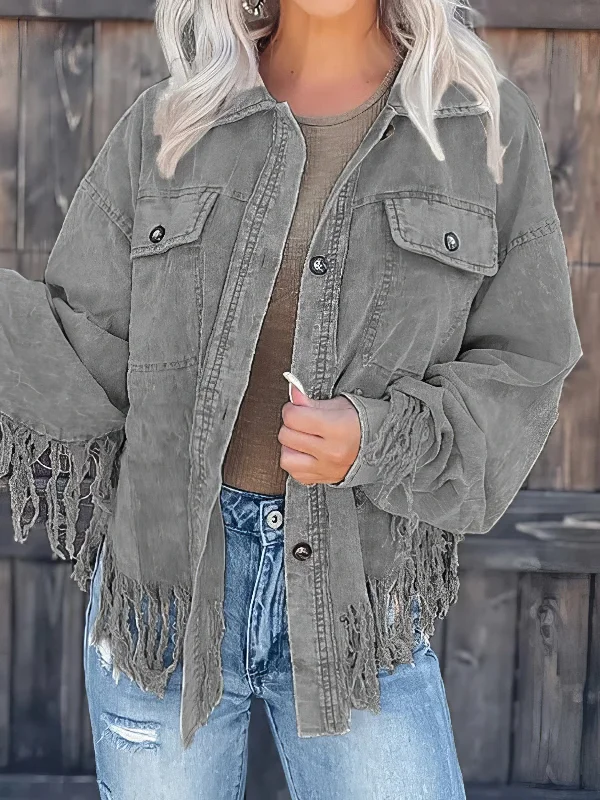 Beige Corduroy Jacket with Fringe Trim Front Pockets Side Pockets Patch Pockets