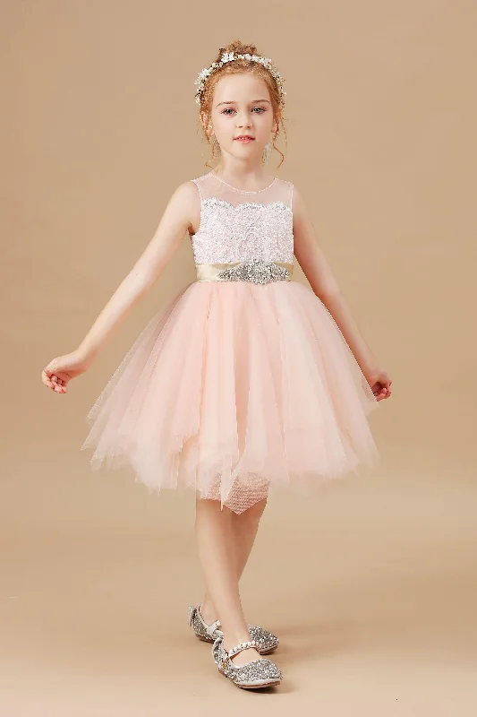 Tulle Satin Sleeveless Applique Flower Girl Dresses With Rhinestone Belt