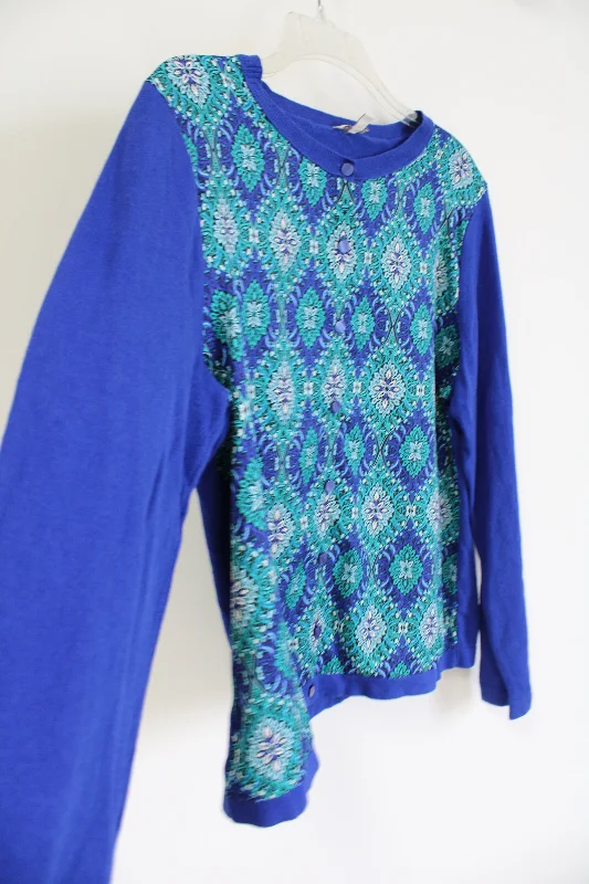 Talbots Blue Patterned Front Cardigan | L Cashmere Blend Cotton Blend Poly Blend