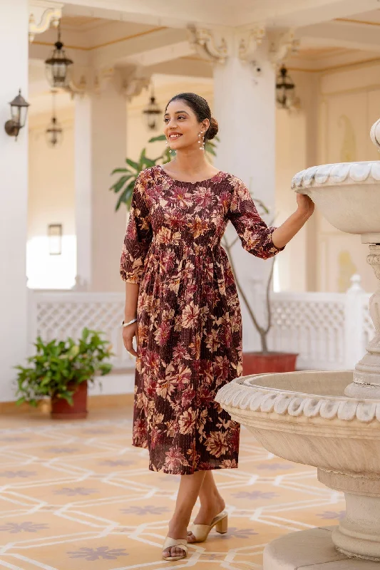 Women Burgundy Printed Flared Dress - Rasiya