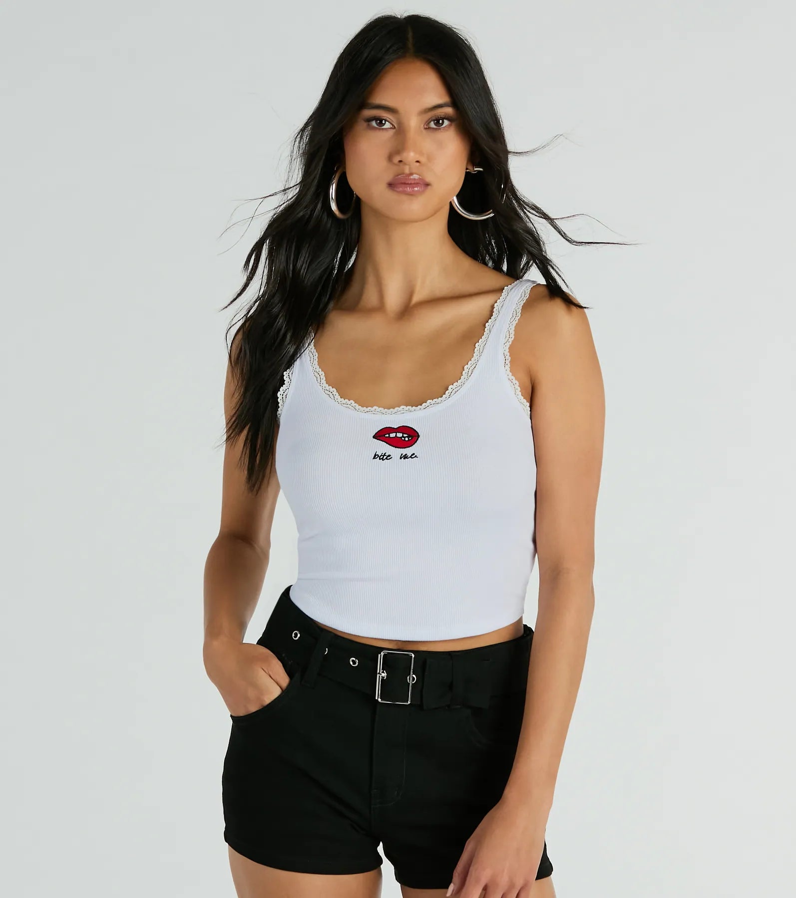 Bite Me Lace Trim Scoop Neck Crop Tank Top striped tank top