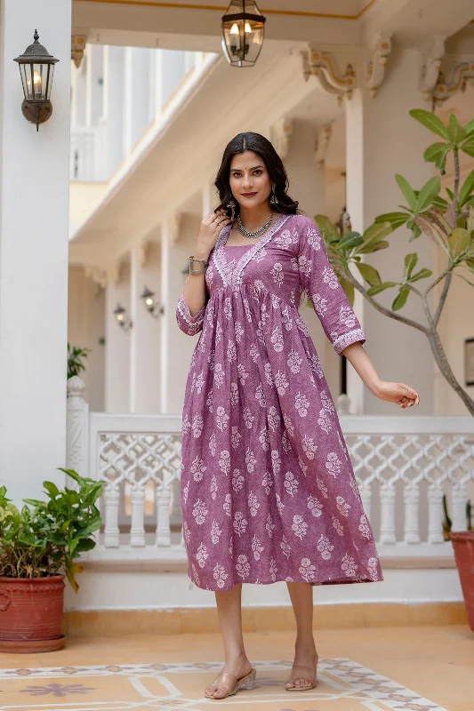 Women Purple Ethnic Printed Flared Dress - Rasiya