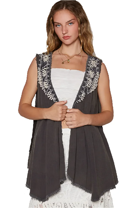 POL Lace Pearl Embroidered Patchwork Boho Vest Gauze Raw Hem Sleeveless Cardigan Charcoal Gray Anti-Pilling Anti-Shrink Durable POL Lace Pearl Embroidered Patchwork Boho Vest Gauze Raw Hem Sleeveless Cardigan Charcoal Gray Anti-Pilling Anti-Shrink Durable