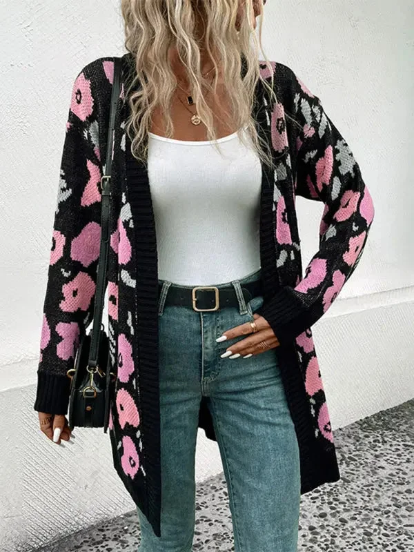 Blue Zone Planet | Long Sleeve Contrast Color Floral Knitted Sweater Cardigan Satin Fabric Silk Fabric Chiffon Fabric Blue Zone Planet | Long Sleeve Contrast Color Floral Knitted Sweater Cardigan Satin Fabric Silk Fabric Chiffon Fabric