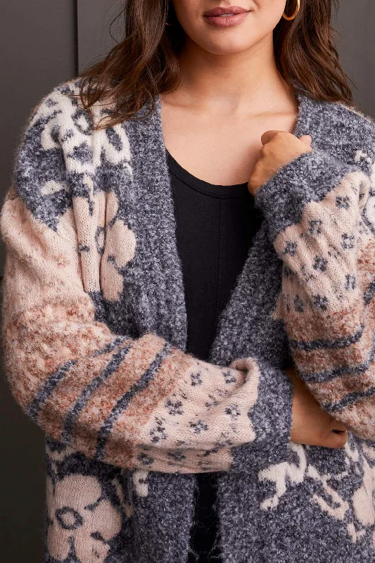 LONG SLEEVE JACQUARD SWEATER CARDIGAN - GREY Welt Pockets Slit Pockets Flap Pockets