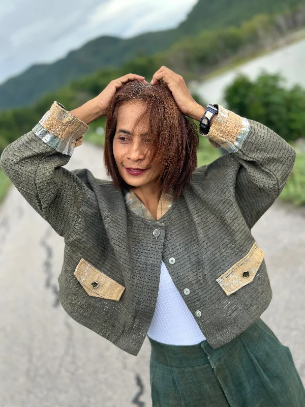 Green Hemp Jacket Top Zip Front Button Front Snap Front