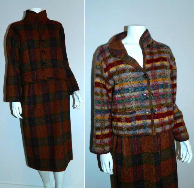 vintage 1980s MISSONI wool plaid suit / striped tweed jacket wrap skirt 42 / US S - M Fleece Jacket Down Jacket Parka